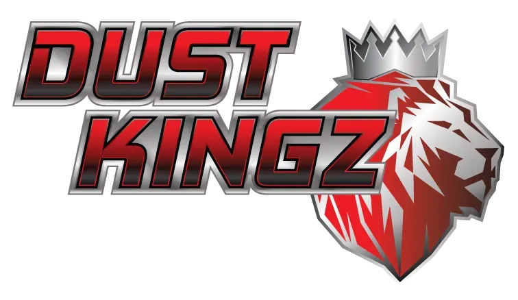 Dust Kingz logo: text with red and silver accents, lion head wearing a crown.