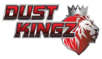 Dust Kingz logo: text with red and silver accents, lion head wearing a crown.