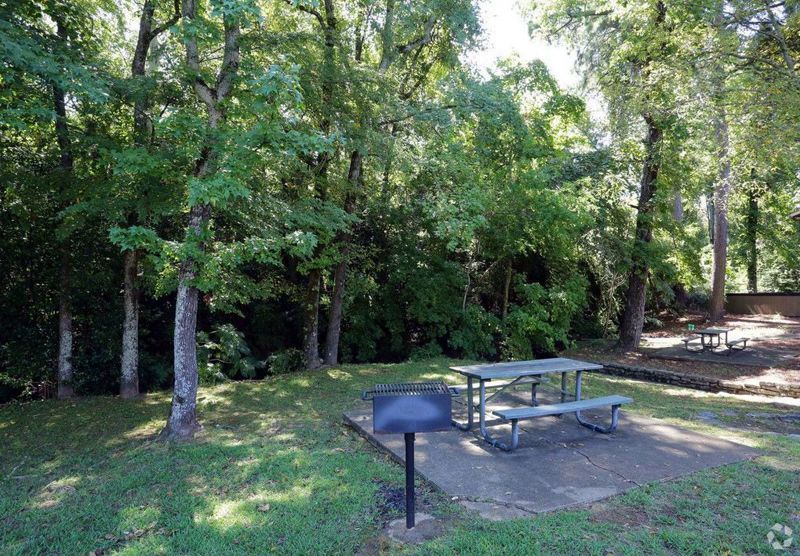 Picnic area in a wooded setting. Includes picnic table, grill, and trees.