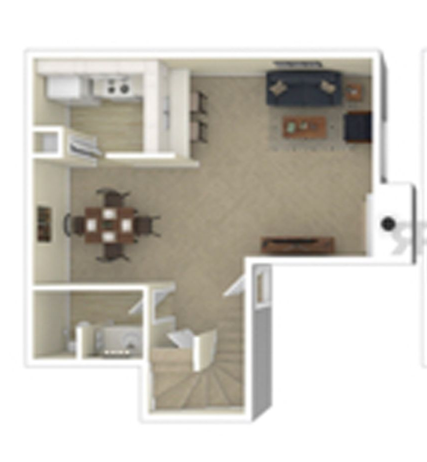 Floor plan of a small apartment: kitchen, dining area, living room, and stairs leading down.