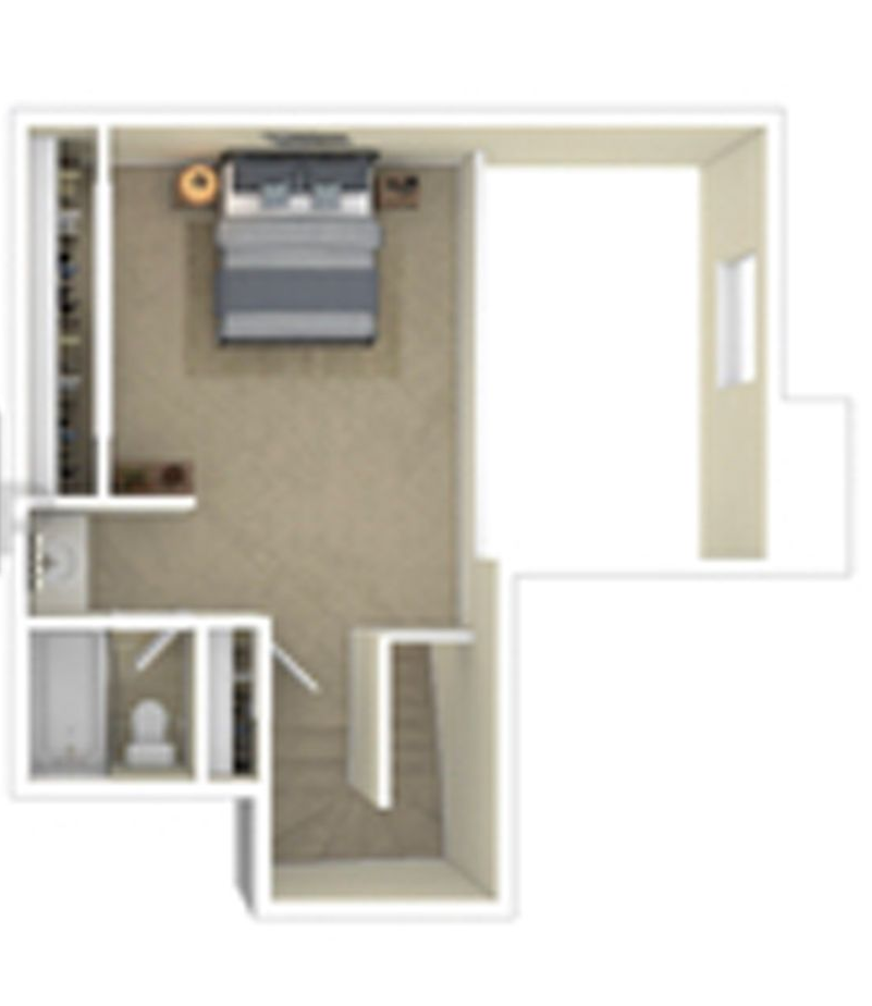 Top-down view of a small bedroom, closet, and bathroom layout. Includes a bed, stairs, and a window.