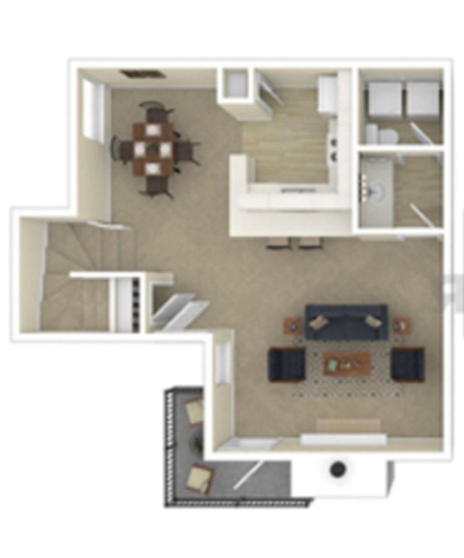 Floor plan of a two-story apartment with a living room, dining area, kitchen, laundry, and balcony.