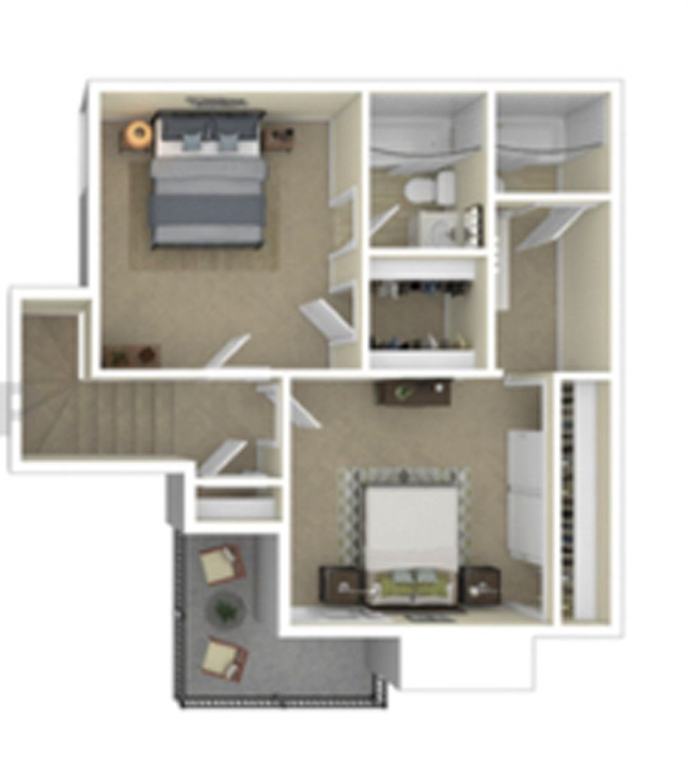 Floor plan of a two-story home with bedrooms, bathroom, kitchen, stairs, and balcony.