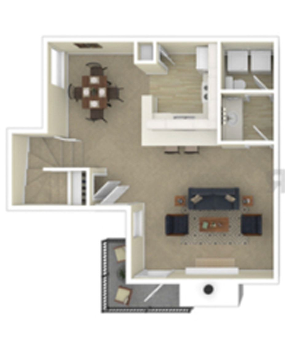Floor plan of a two-story apartment, with dining, kitchen, living room, and laundry/bathroom.