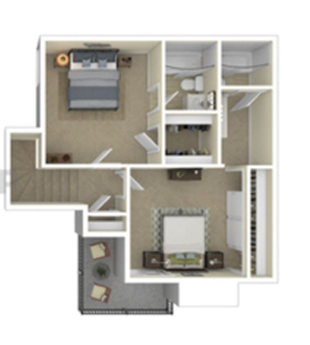 Floor plan showing two bedrooms, kitchen, bathrooms, and a balcony.