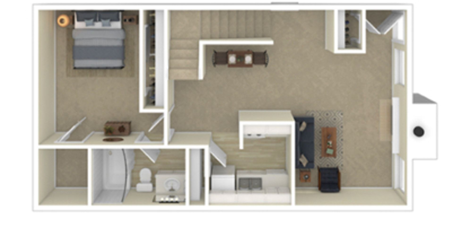 Floor plan of a two-story apartment with a bedroom, bathroom, kitchen, and living room.