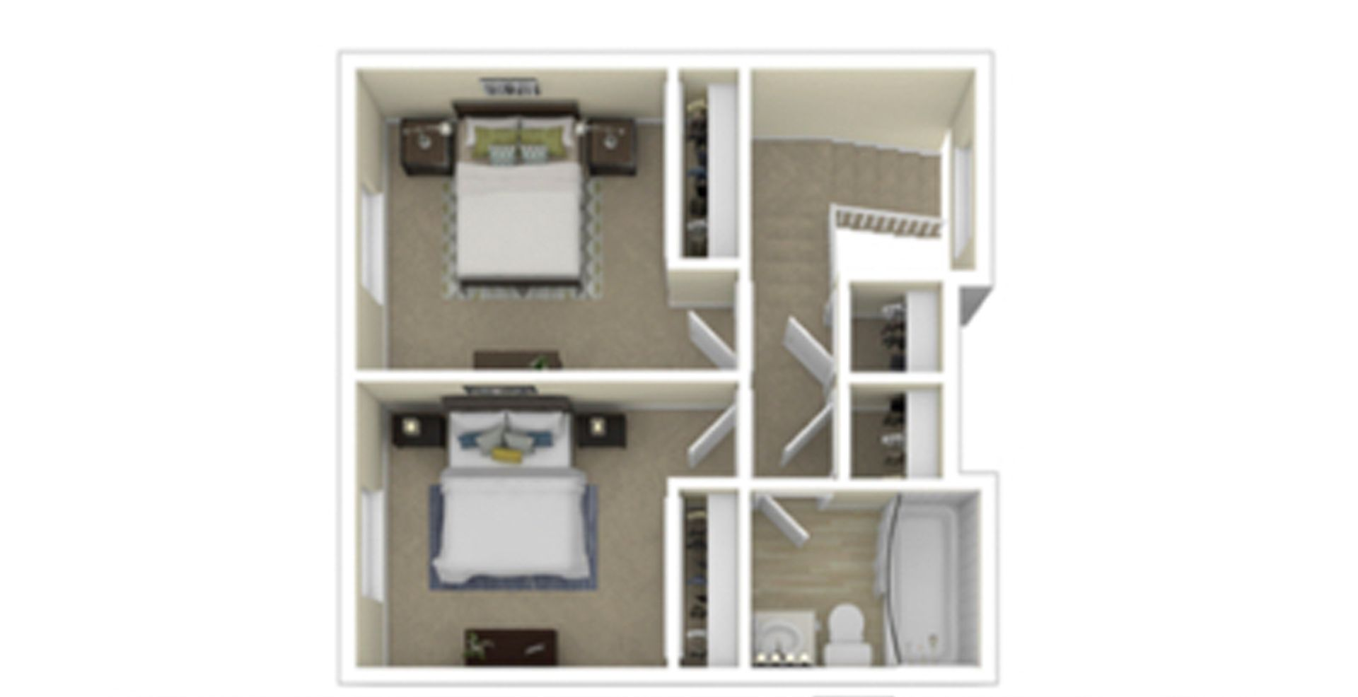 Floor plan of a two-story apartment with two bedrooms, closets, stairs, and a bathroom.