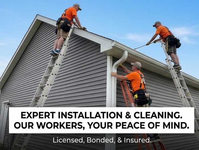 Brown gutter on a house, attached with silver clips.  A ladder is visible, with a lake and grass in the background.