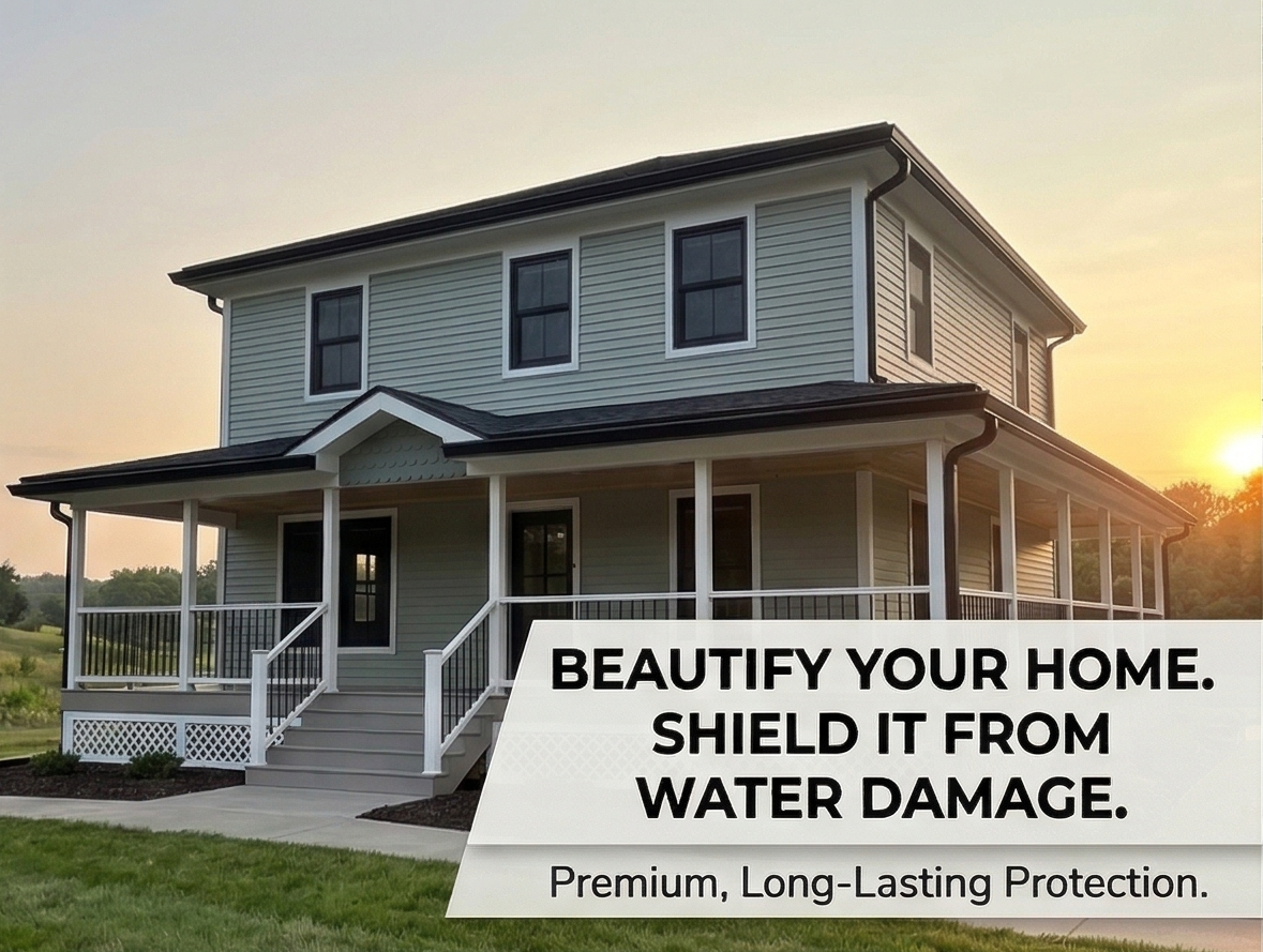 Close-up of a roof with algae and a gutter. Green trees and grass are in the background.