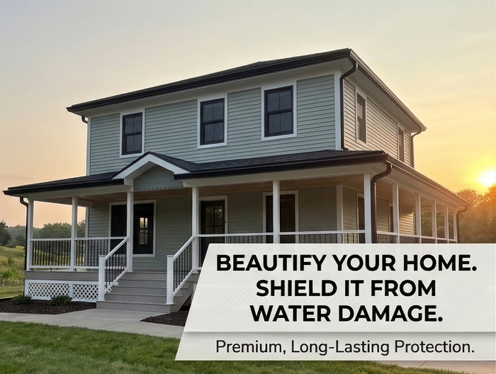 Close-up of a roof with algae and a gutter. Green trees and grass are in the background.