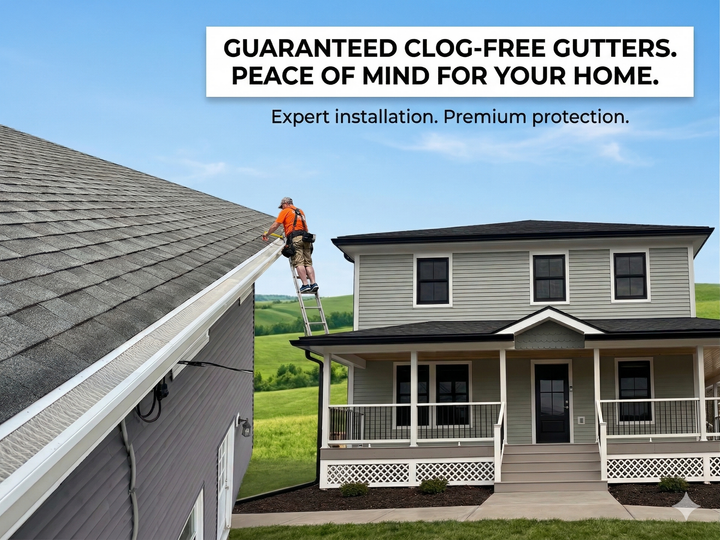 Man cleaning a gutter with a power washer. He wears gloves, overalls, and glasses.