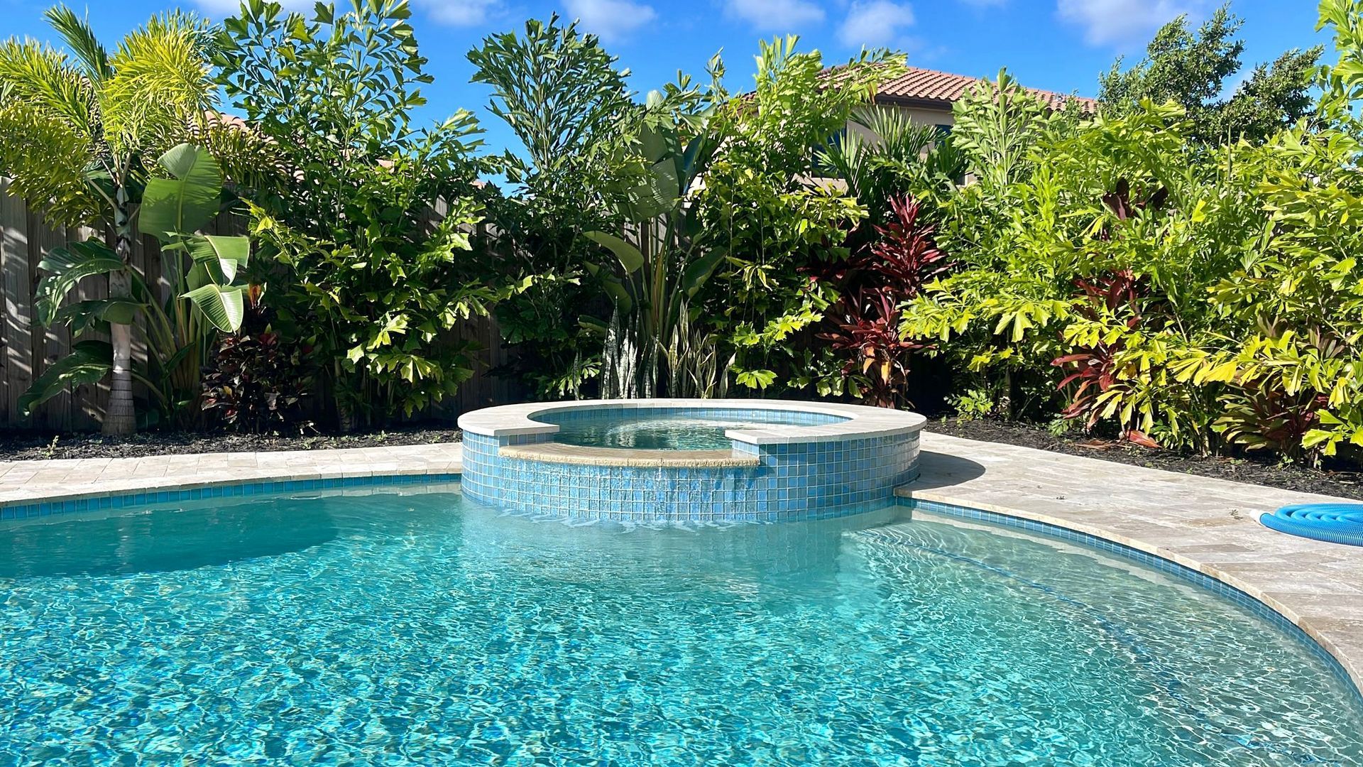 A large swimming pool with a hot tub in the middle of it surrounded by trees.