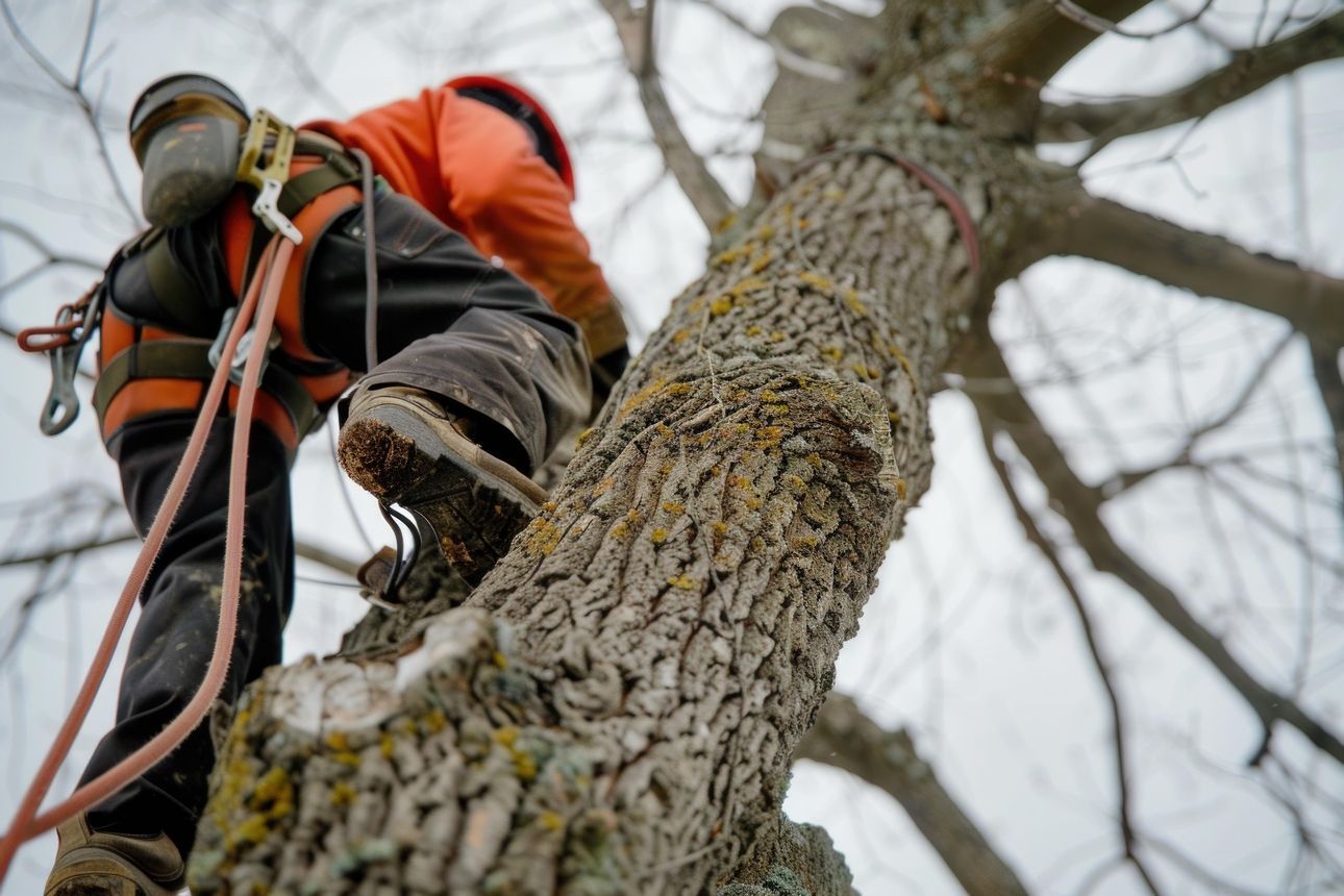 An employee of Bridgeport Tree Service climbs a tree during a residential tree removal job.