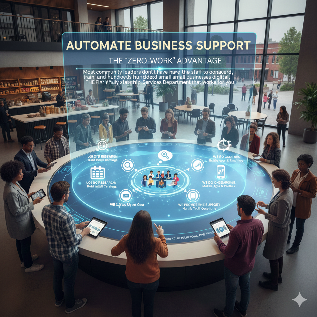 Group of people around a circular table with a digital interface. Text says: 