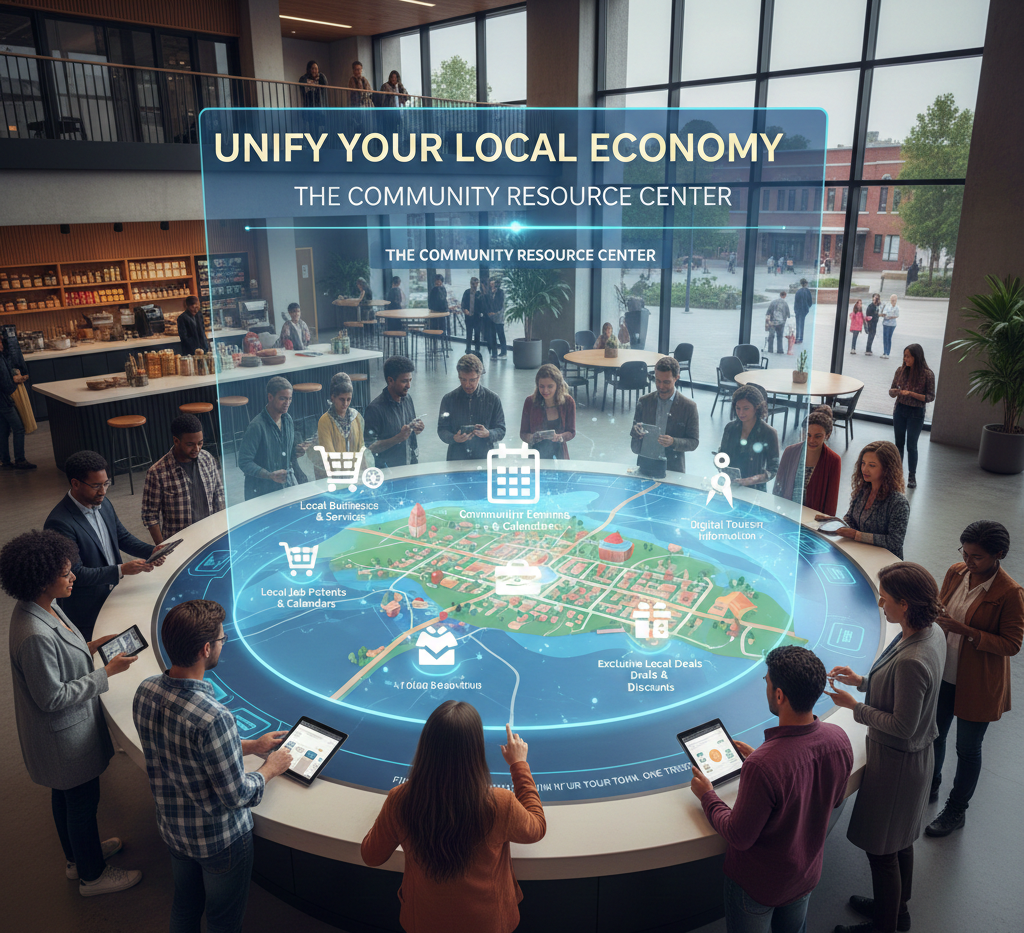 People use tablets around a digital map in a community resource center, with a holographic screen advertising 