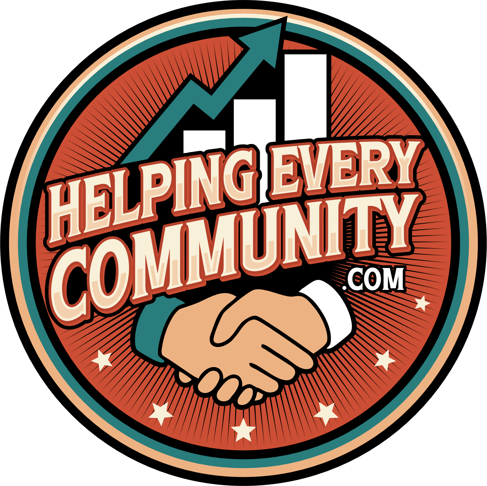Logo with hands shaking, rising graph, and text "Helping Every Business.com".