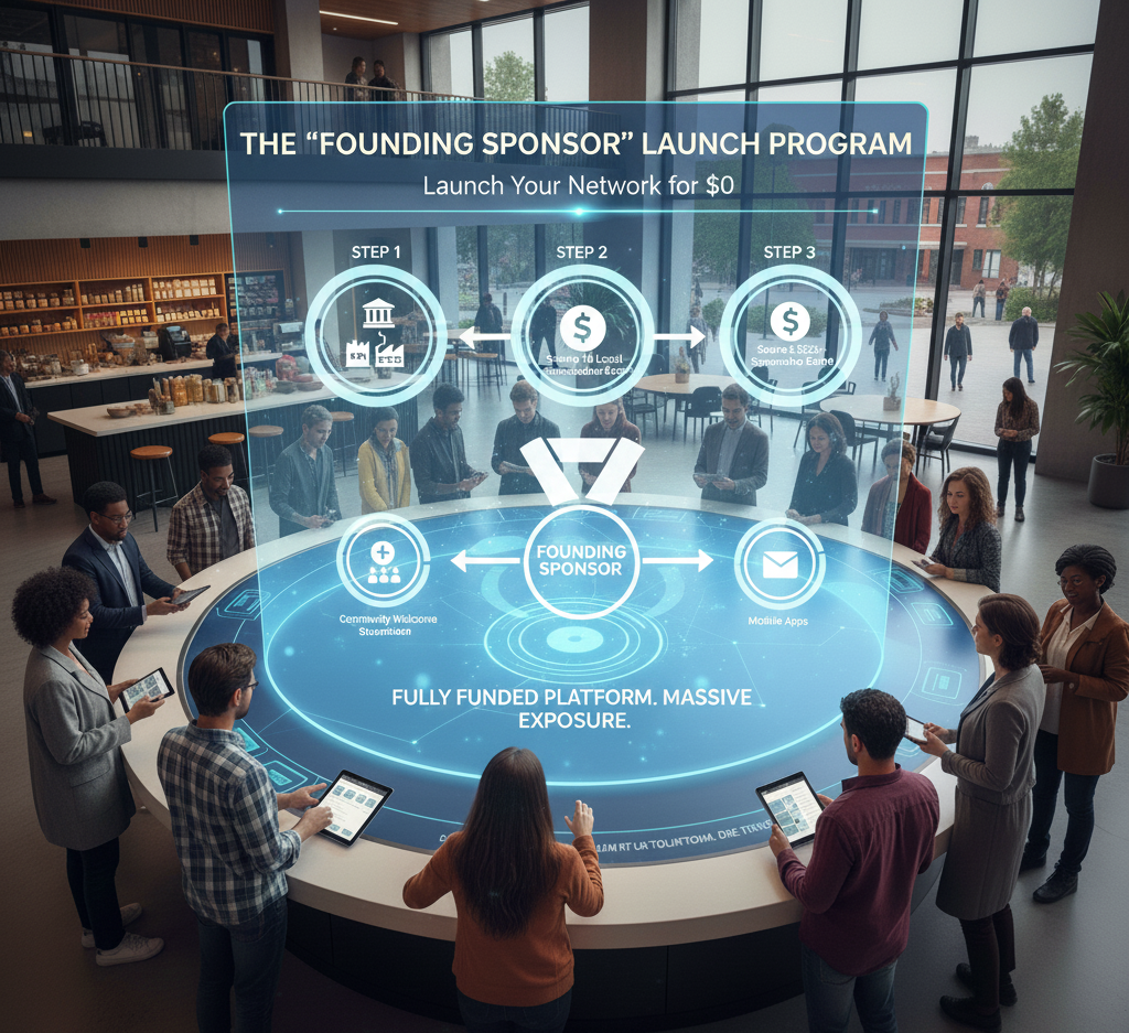 Group of people at a circular table, looking at a digital display promoting a 