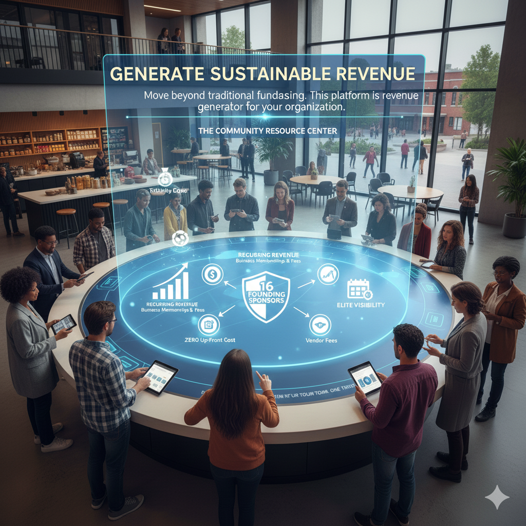 Group of people around a circular table. Holographic display says, 