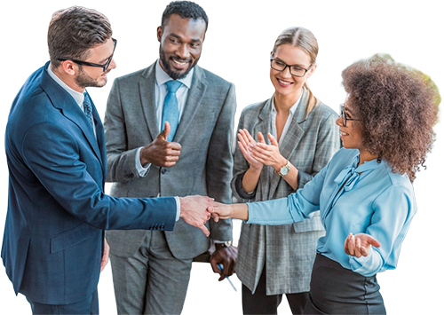 Businesspeople shaking hands, others smiling and applauding. White background.