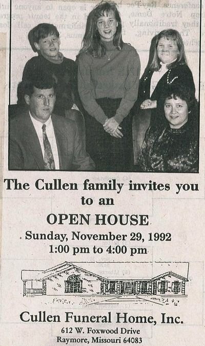 Black and white ad: Cullen family photo, text for open house at Cullen Funeral Home on Nov 29, 1992.