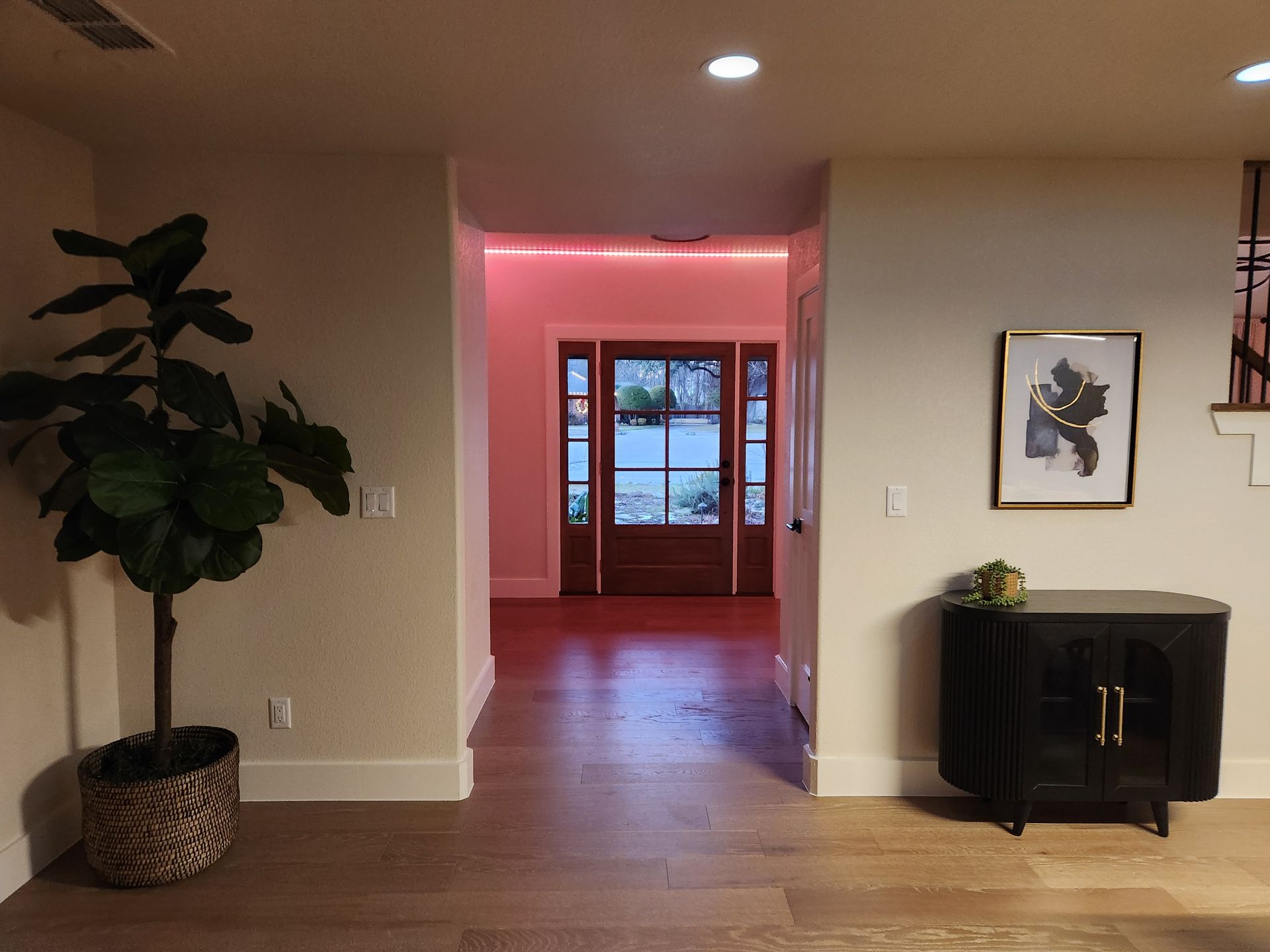 Entryway with a fiddle-leaf fig, cabinet, art, and a door with pink-lit hallway.