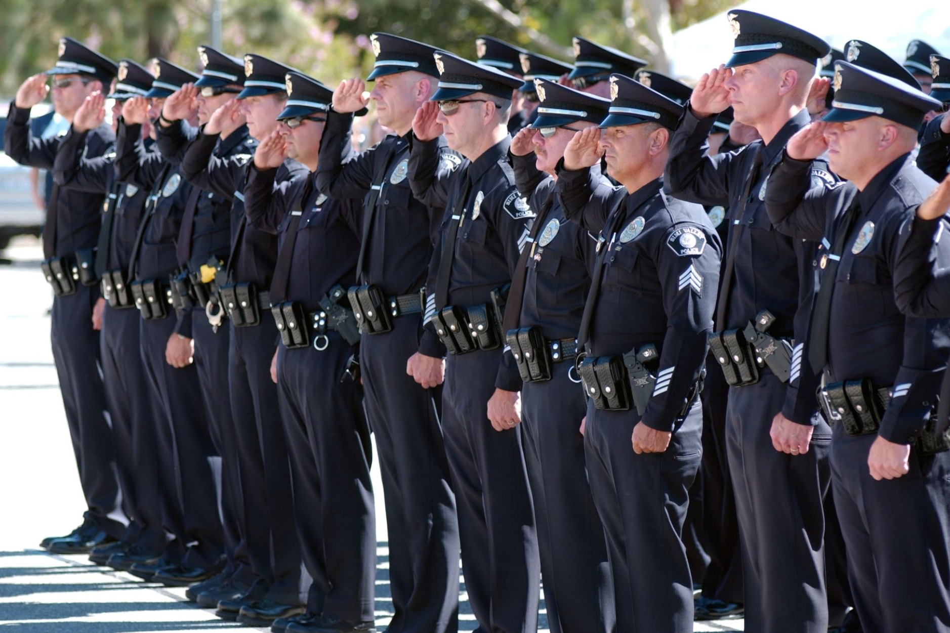 Police officers in dark uniforms saluting outdoors.