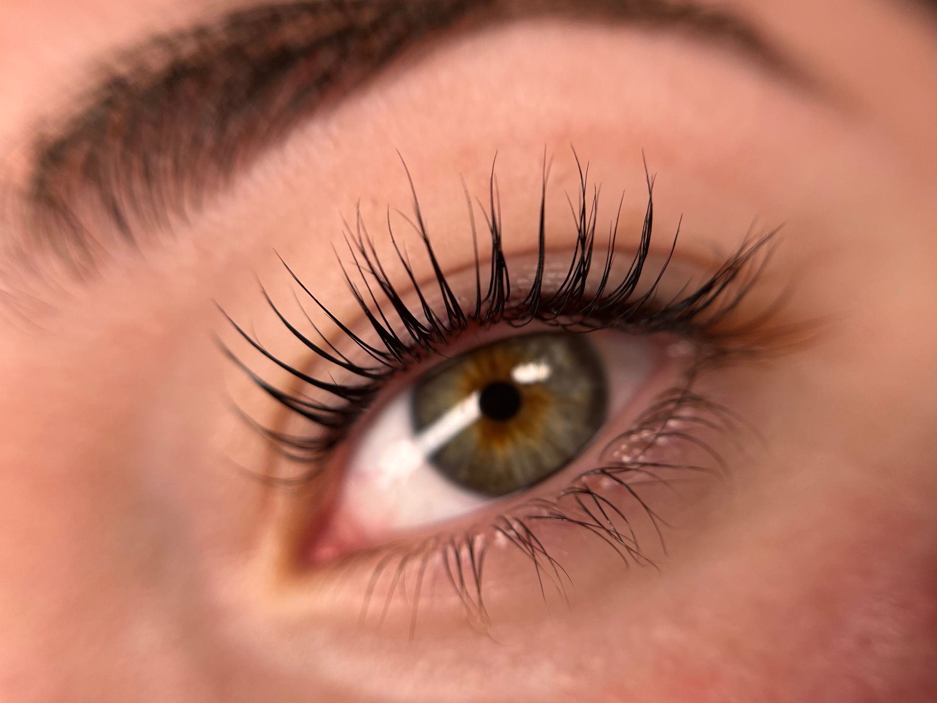 A close up of a woman 's green eye with long lashes.