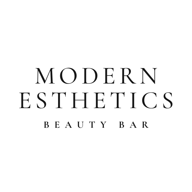 The logo for modern esthetics beauty bar is black and white.