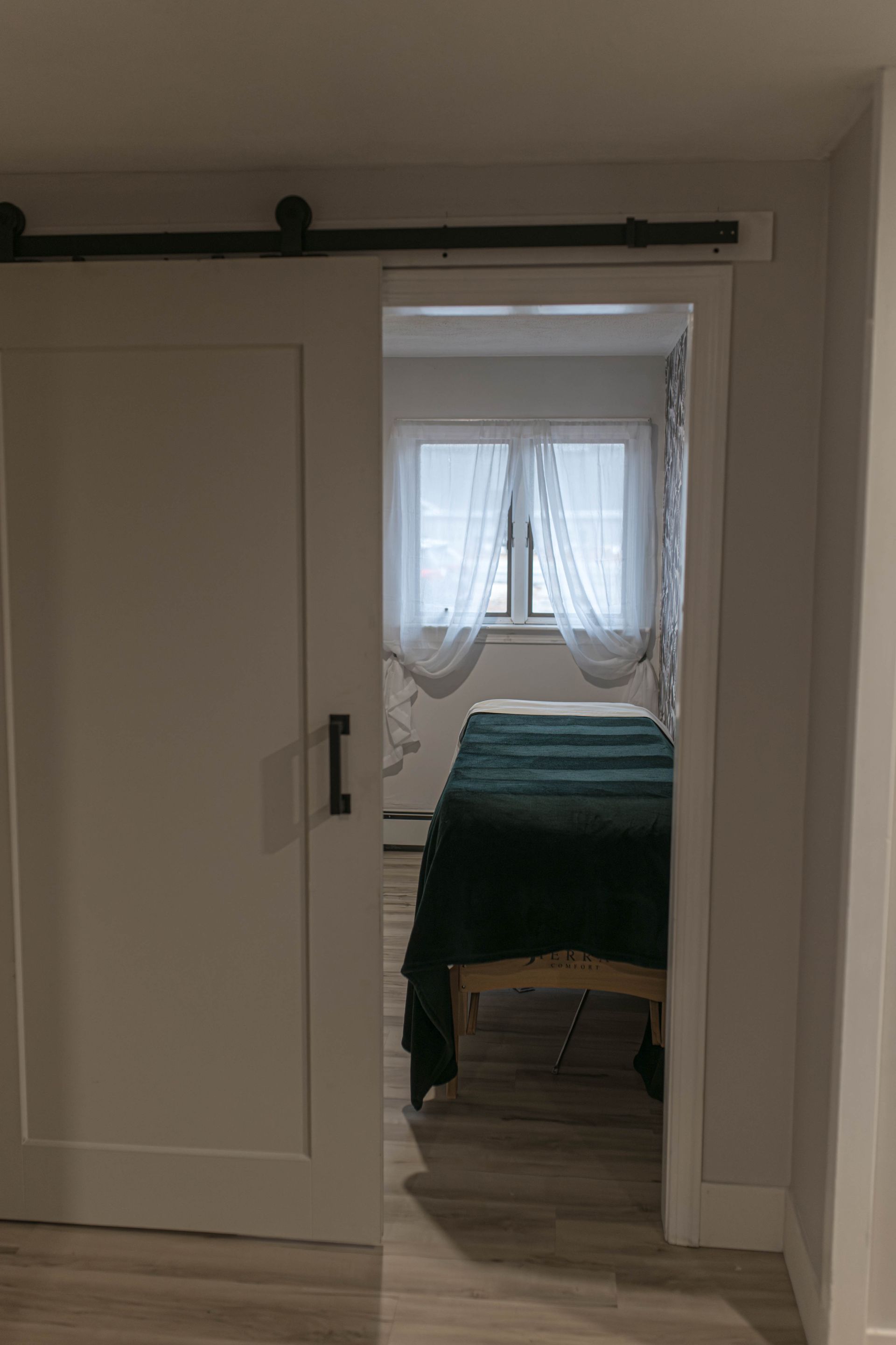 A bedroom with a sliding barn door leading to a bed.