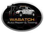 The logo for wasatch auto repair and towing shows a tow truck.