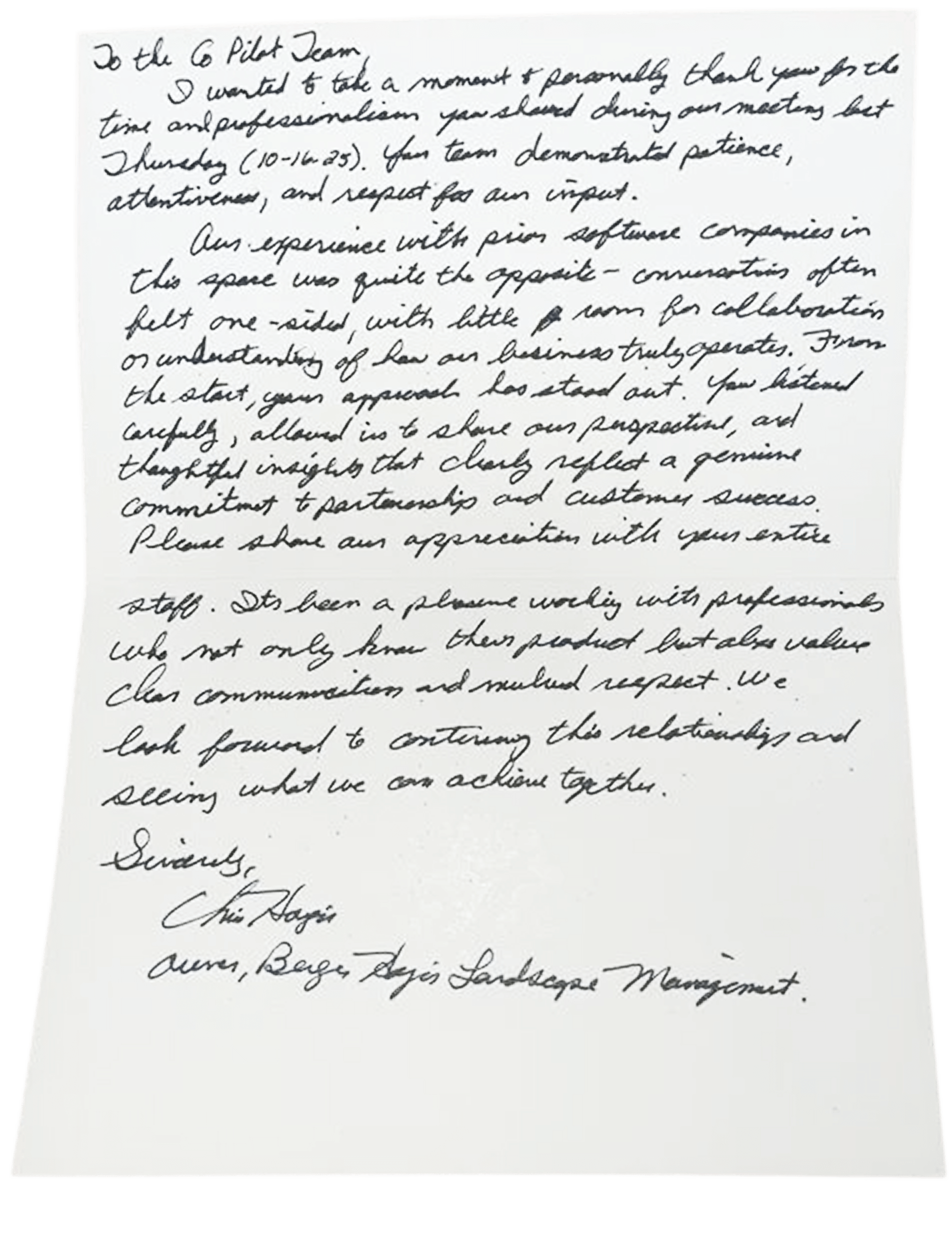 Handwritten letter of appreciation. Black ink on white paper. Signed by C. Hayes, Boge Payin Landscape Management.