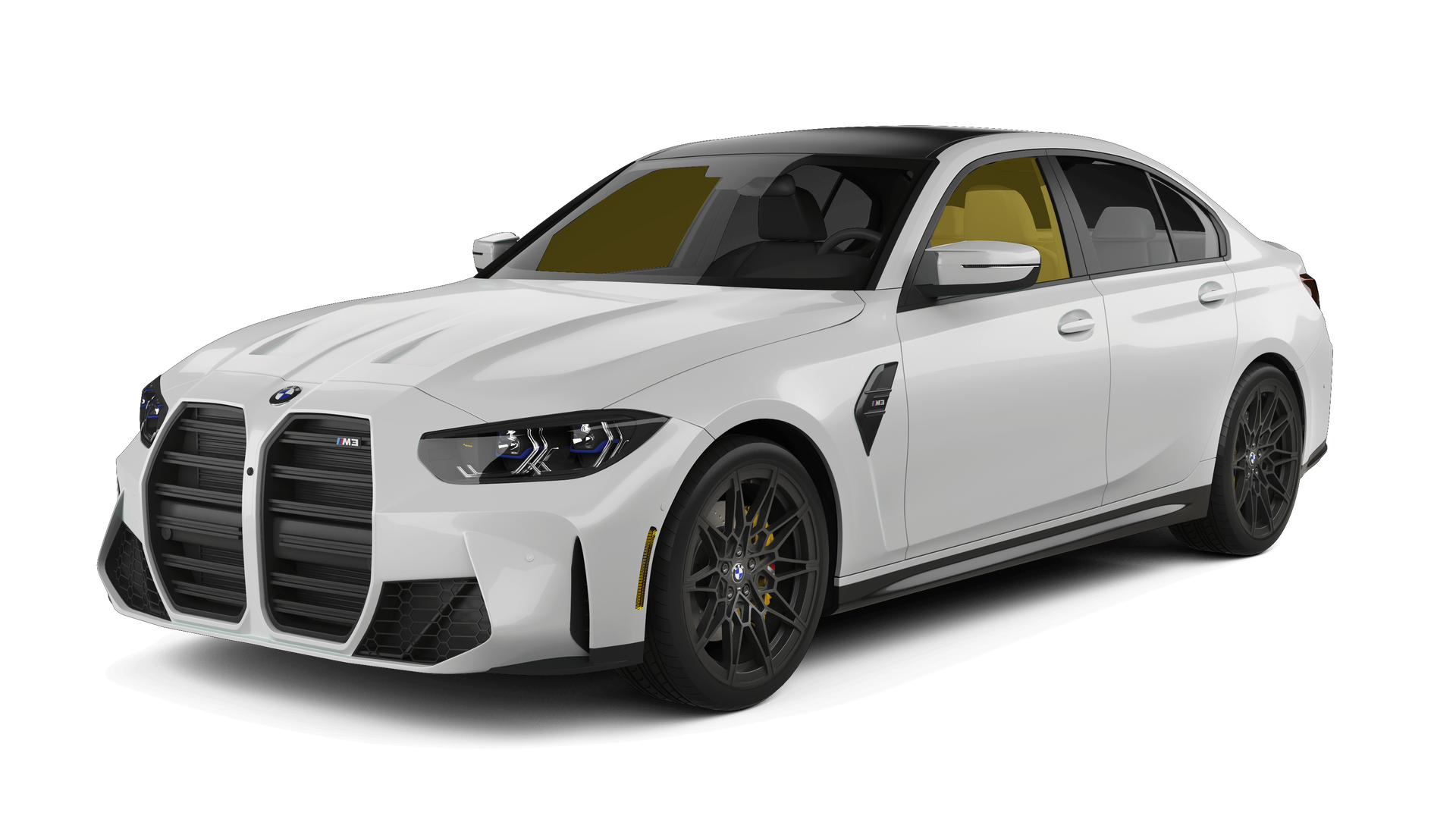 White sports sedan with large black grille and dark wheels, shown on a plain white background