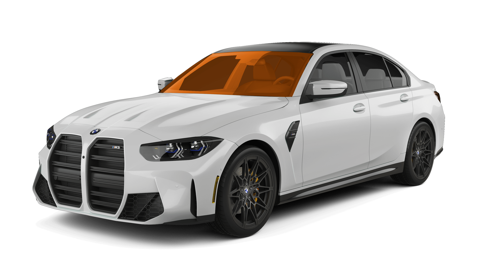 White BMW sedan with black wheels and orange-tinted windows, shown in a studio on a white background