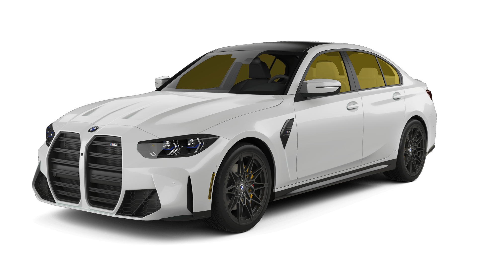 White luxury sedan with a black front grille and black wheels on a white background