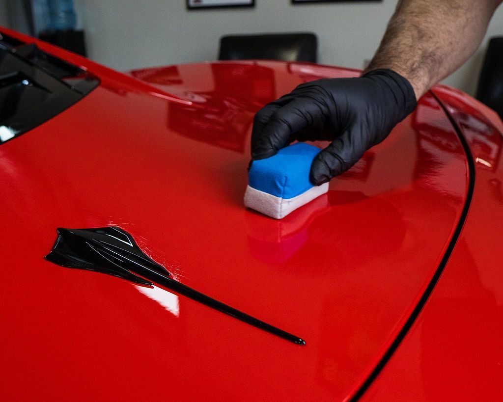 Gloved hand scrubbing a red car hood with a blue sponge near a black brush.