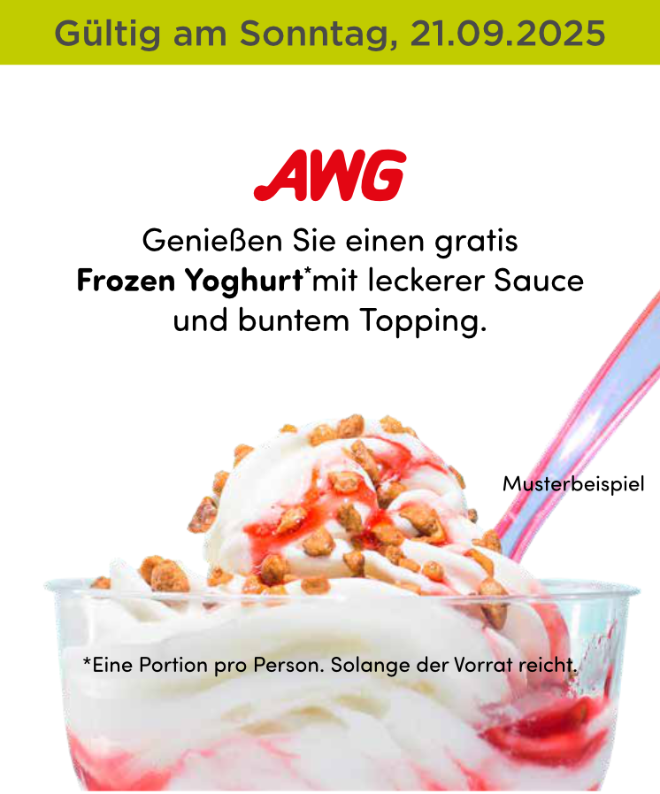 Werbung für kostenlosen Frozen Yogurt. Der Text lautet: „Genießen Sie einen kostenlosen Frozen Yogurt mit Sauce und Topping.“ Das Bild zeigt einen Becher Joghurt.