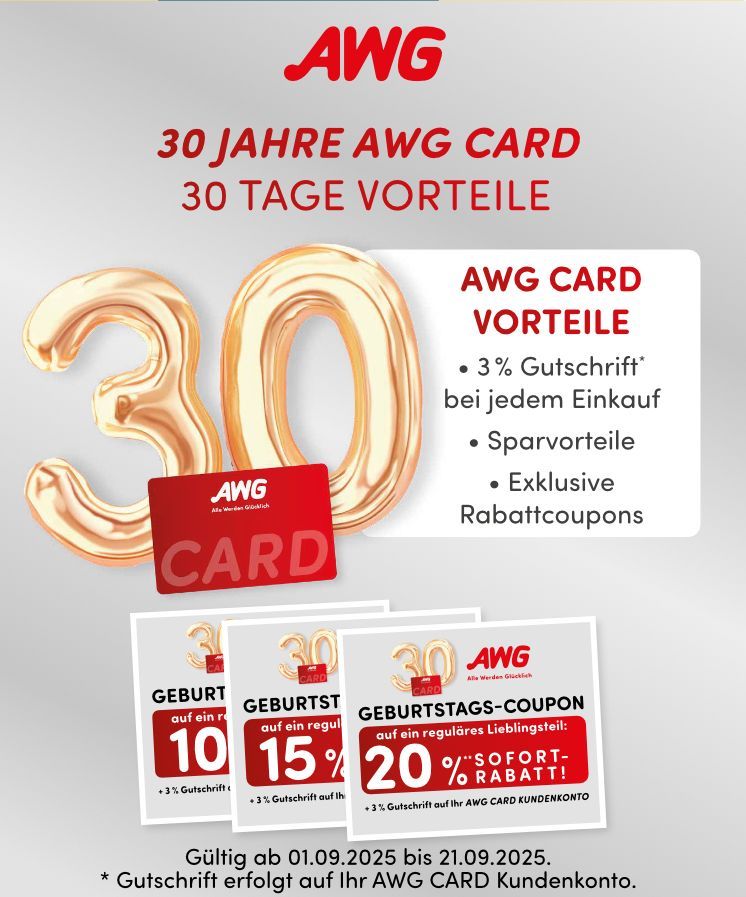 AWG-Werbung: 30 Jahre AWG Card mit Vorteilen: 3% Cashback, Ersparnisse, Coupons. Inklusive „30“ Luftballons, Karte und Coupons.