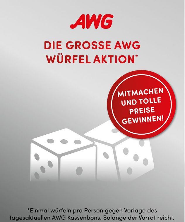 AWG-Aktion: Würfel und Text „Mach mit und gewinne tolle Preise“.