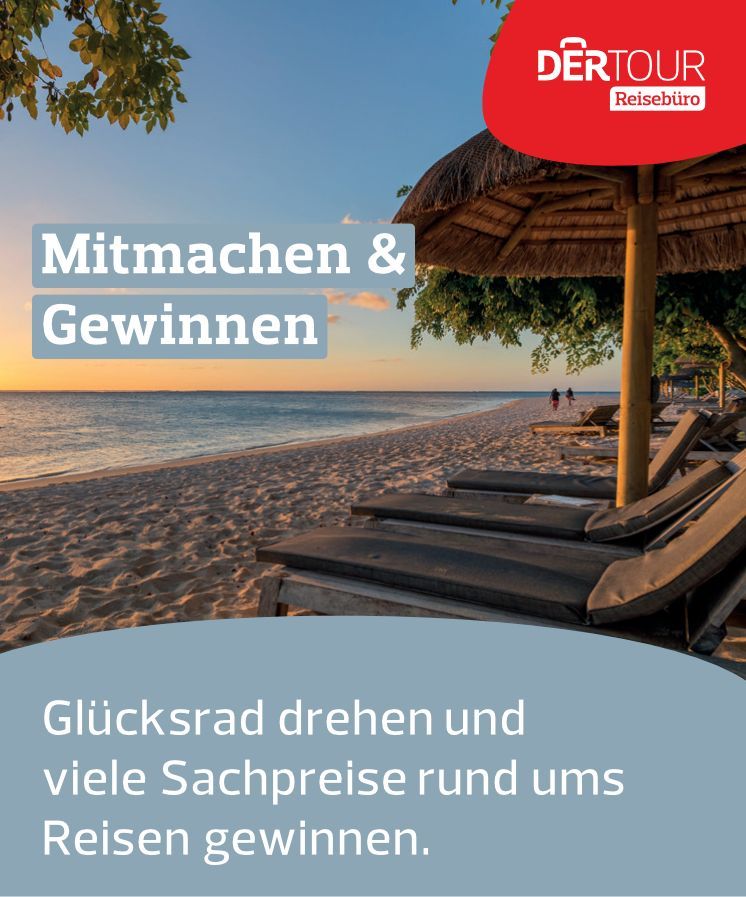 Beach scene, promotion by DERTOUR with text 