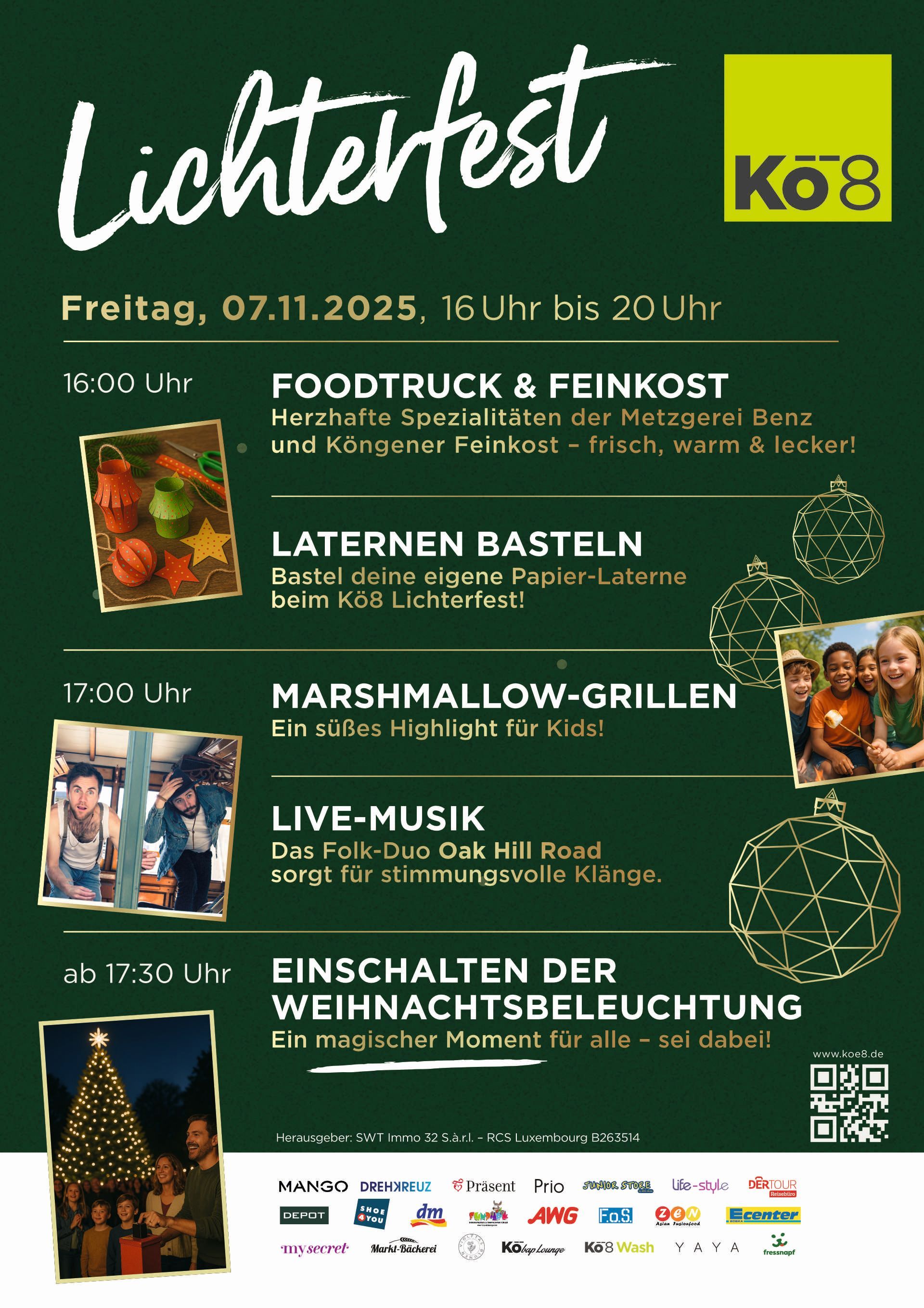 Plakat für eine Lichterfest-Veranstaltung am 07.11.2025. Mit Foodtrucks, Laternenbasteln, Marshmallow-Grillen, Live-Musik und Einschalten der Weihnachtsbeleuchtung.
