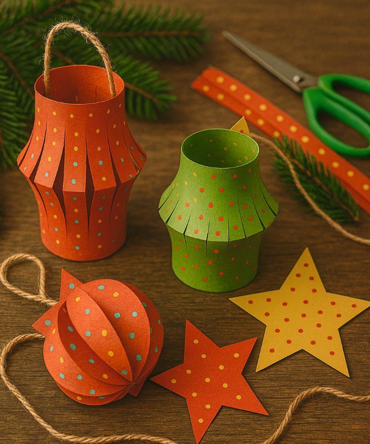 Weihnachtsbasteln: Papierlaternen, Sterne und Ornamente in Rot, Grün und Gelb mit Schere und Schnur auf Holz basteln.