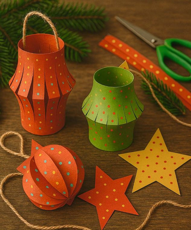 Weihnachtsbasteln: Papierlaternen, Sterne und Ornamente in Rot, Grün und Gelb mit Schere und Schnur auf Holz basteln.