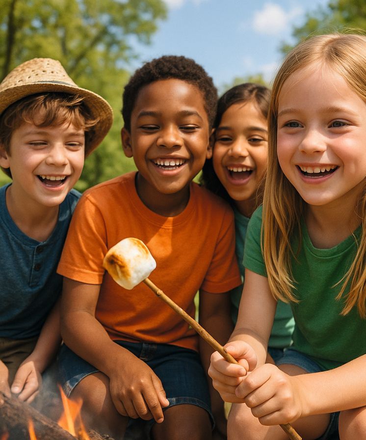 Lachende Kinder um ein Lagerfeuer herum, die einen Marshmallow rösten.