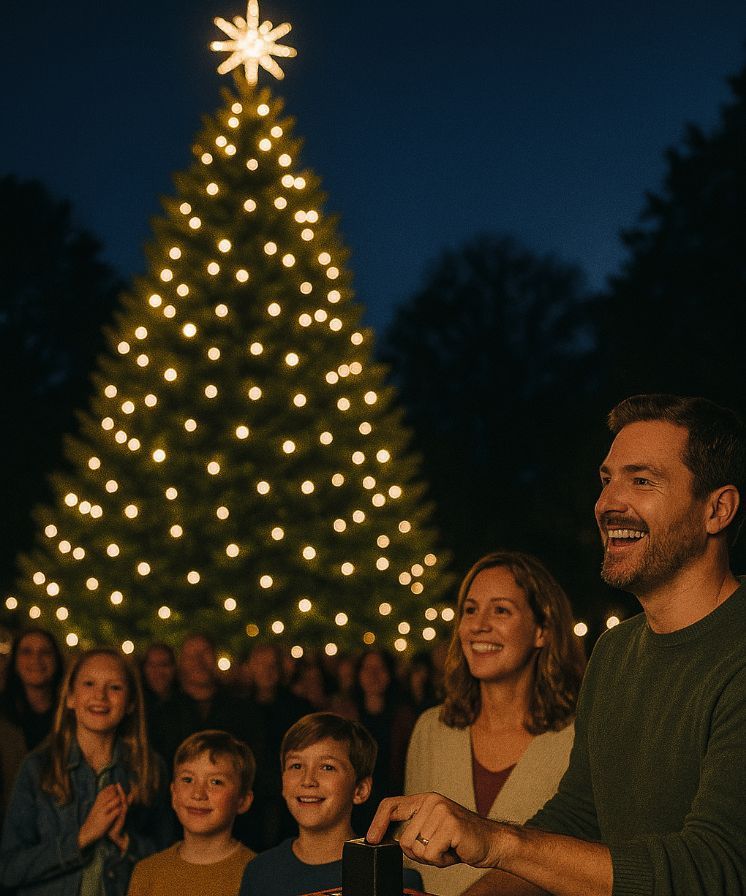 Die Familie lächelt, während sie nachts einen großen, beleuchteten Weihnachtsbaum beobachtet.