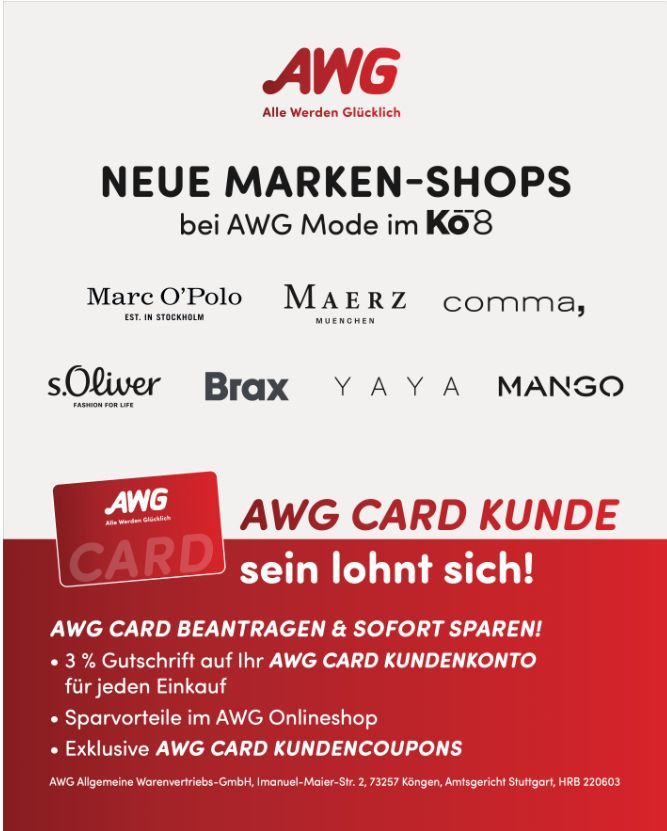 Werbung für AWG Mode, mit neuen Markenshops und AWG Card-Vorteilen, auf rot-weißem Hintergrund.