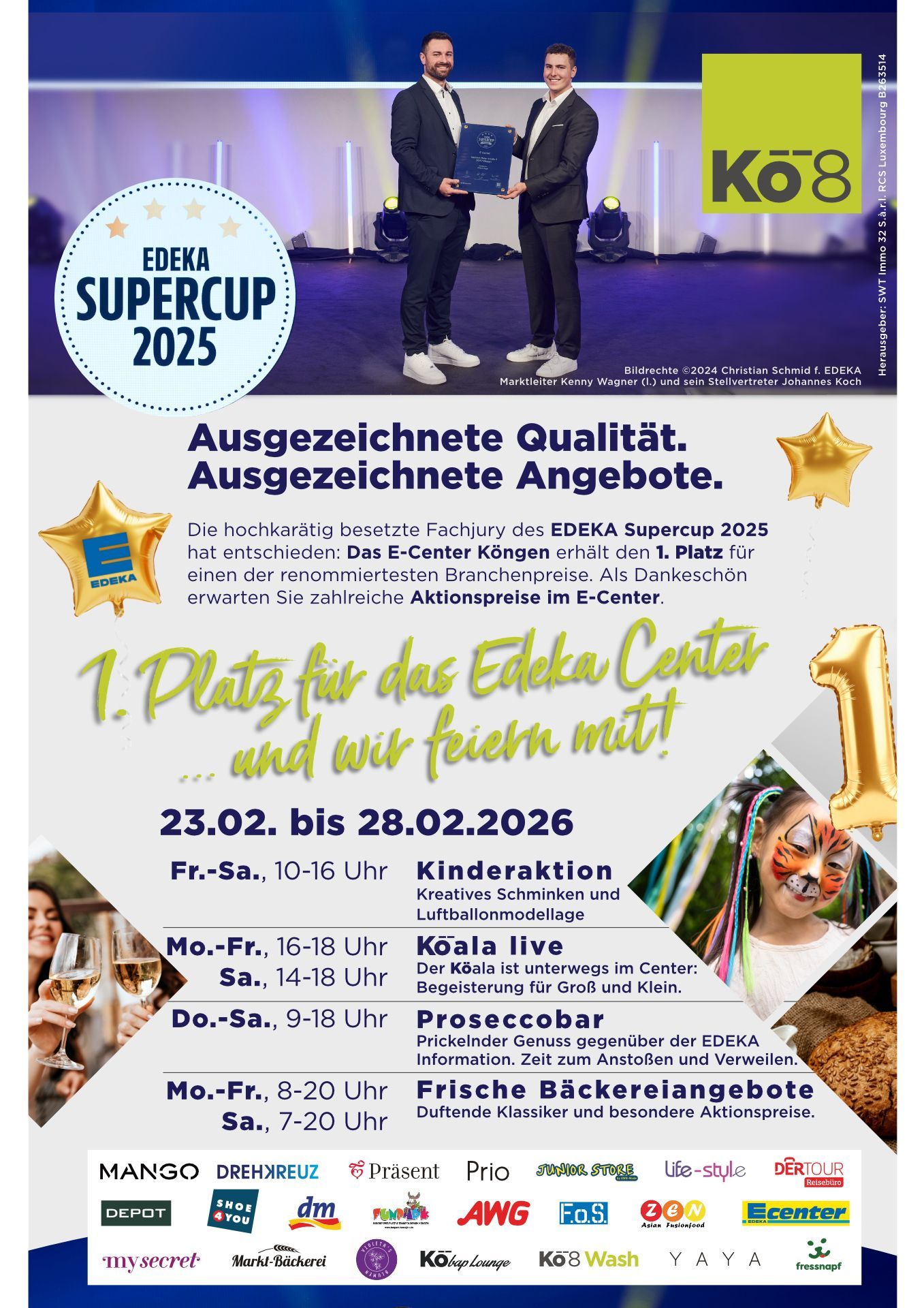 Plakat für den EDEKA Supercup 2025: Zwei Männer halten eine Auszeichnung, Text über hervorragende Qualität, Feier zum 1. Platz des Edeka Centers, Termine und Angebote.