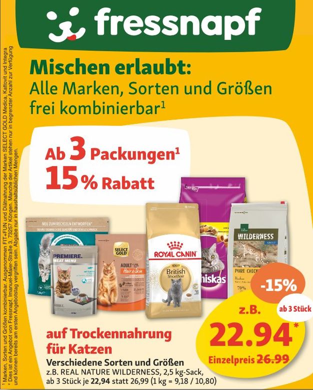 Fressnapf-Angebot: 15 % Rabatt auf Katzen-Trockenfutter. Verschiedene Marken und Größen. Inklusive Royal Canin und anderer Marken.