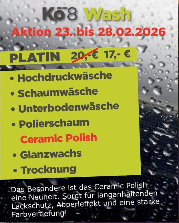 Werbung für eine Autowaschanlage mit Rabattangebot und der Funktion „Keramikpolitur“.