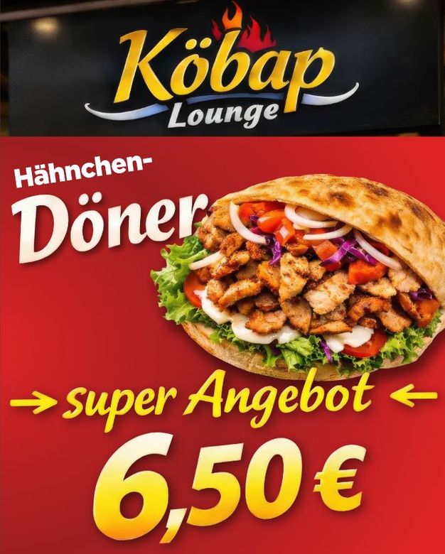 Schild eines Kebab-Lounges mit einem Hähnchen-Döner für 6,50 €. Roter Hintergrund mit Sandwich-Grafik.