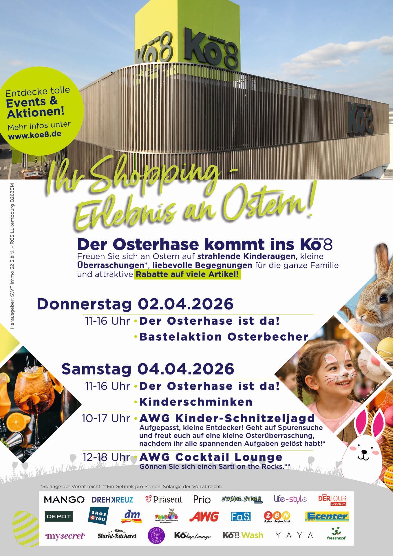 Werbeflyer für Osterveranstaltungen im K8 Shopping Center mit Details zu Aktivitäten wie dem Osterhasen und Bastelangeboten.